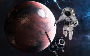 Mars. Astronot, Kızıl Gezegen 'in arka planındaki uzay istasyonu. Güneş sistemi. 3 Boyutlu Hazırlama