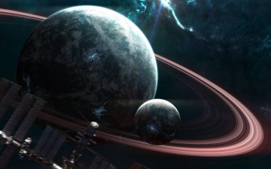 Uzayın derinliklerindeki gezegenler. Güzel uzay manzarası. Uzay istasyonu hareket halinde bulanıklaştı