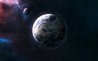 Planet Earth. Moon. Visualization of satellite orbits. Solar system. 3D render clipart