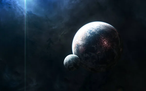 인공위성 이 있는 우주의 깊은 곳에 있는 행성. 아름다운 우주 경관 — 스톡 사진