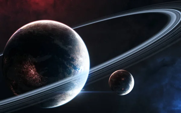 인공위성 이 있는 우주의 깊은 곳에 있는 행성. 아름다운 우주 경관 — 스톡 사진