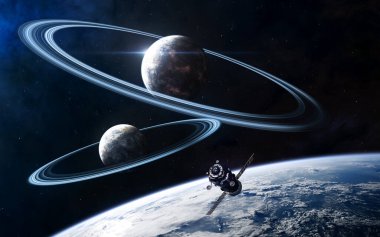 Uzayın derinliklerindeki gezegenler. Güzel kozmik manzara. Yörüngedeki uzay istasyonu