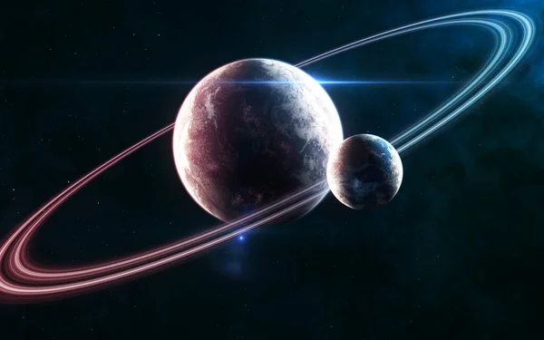 Планеты глубокого космоса в свете синей и красной звезд. Красивый космический пейзаж — стоковое фото