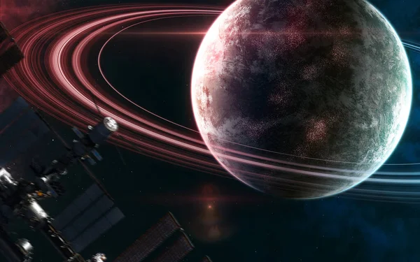 Mavi ve kırmızı ışıkta uzayın derinliklerinde bir gezegen. Uzay istasyonu hareket halinde bulanıklaştı