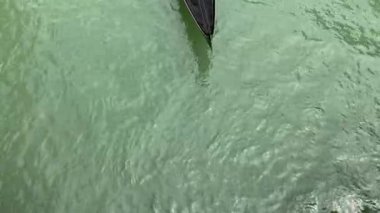 Venedik 'ten geçen bir gondol köprüsünün üzerinden Zenithal manzara, tipik siyah beyaz tişört giyen gondolcu bir turist ailesini taşıyor..