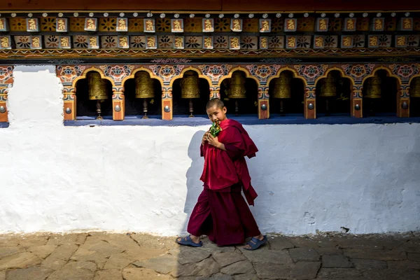 Monge estudante jovem não identificado com vestes no Mosteiro de Chimi Lhakang, Punakha, Butão — Fotografia de Stock