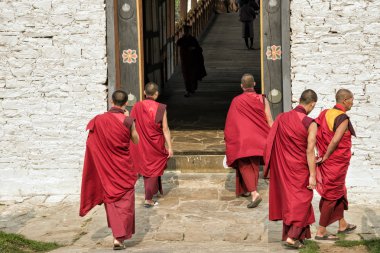 Punakha, Birleşik Arap Emirlikleri - 10 Nisan 2016: Tanımlanamayan Budist rahipler geleneksel elbiseler ile Punakha Dzong veya Pungthang Dewachen Phodrang Manastırı, Punakha, Bhutan giriyoruz.