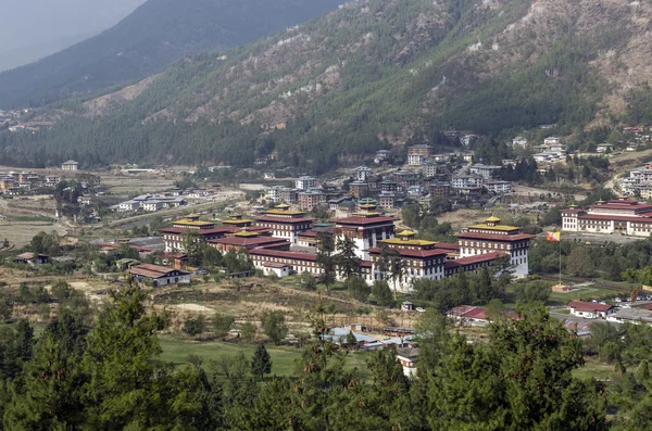 Trashi Chhoe Dzong Paisagem Aldeias Fazenda Arrozais Thimphu Butão — Fotografia de Stock