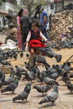 Katmandu, Nepal - 13 Nisan 2016: Tanımlanamayan Çocuk besleme güvercinler Durbar Square Bhaktapur olarak kuru Mısır ile büyük depremden sonra 2015 yılında. Durbar Square Bhaktapur şehir merkezi var. Tapınaklar, Müze ve Kraliyet Sarayı loca nerede olduğunu