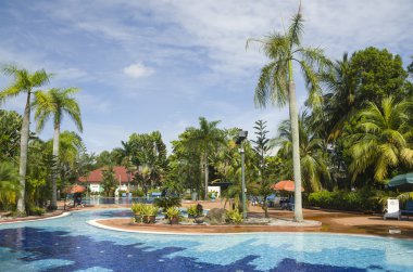 Güzel Yüzme Havuzu, sandalye ve kulübe tropikal tatil - 