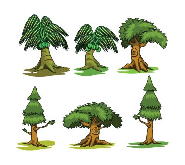 Üç çizgi film gösterimi ağaçlar çizilmiş 