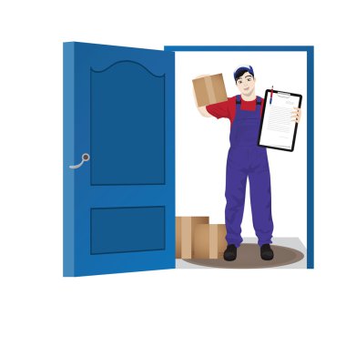  teslimatçı, ön kapı karikatür vektör 