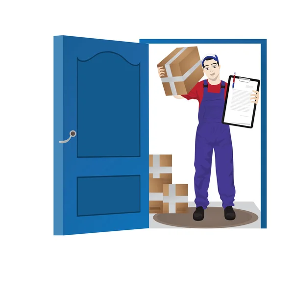 Delivery man at front door Cartoon vector — Stock Vector