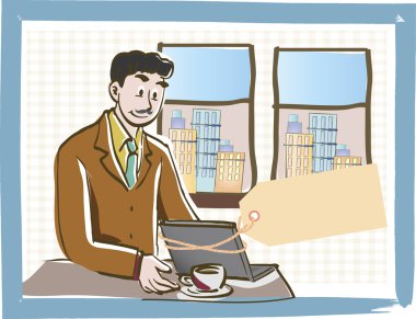 boş bir etikette ile bir dizüstü bilgisayar üzerinde çalışan iş adamı.