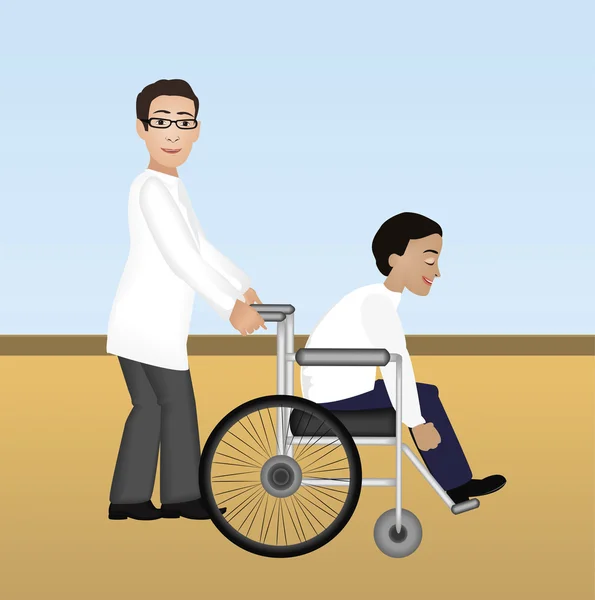Illustration eines Arztes, der einen Patienten im Rollstuhl schiebt. — Stockvektor