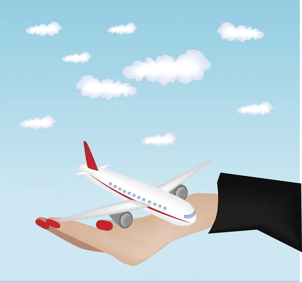 Imagen vectorial de una persona que sostiene el avión . — Vector de stock