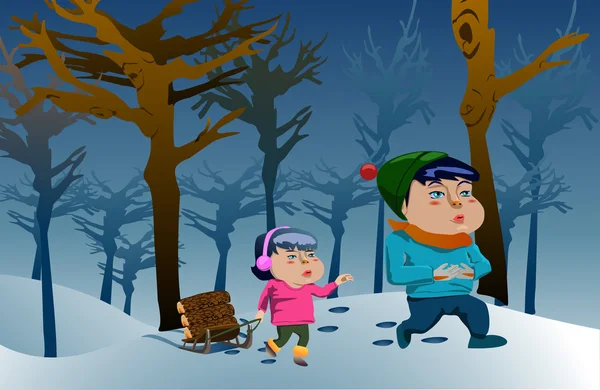 Dwoje dzieci, chodzenie po lesie śnieg — Wektor stockowy
