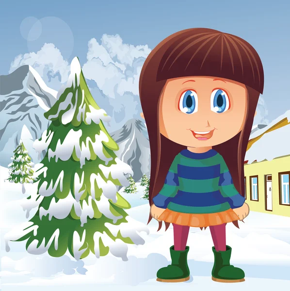 Niña jugando en vector de nieve — Vector de stock