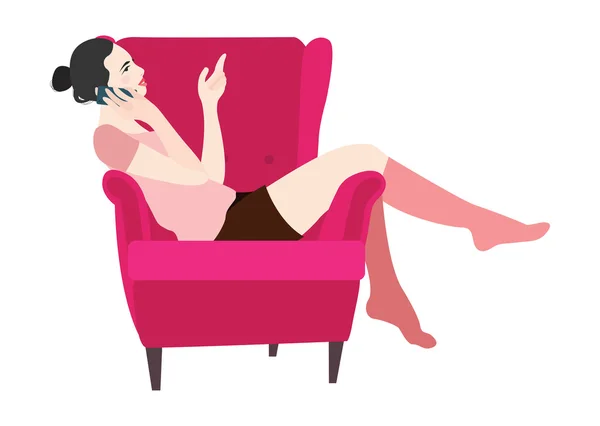 Женщина, сидящая в кресле и разговаривающая по телефону — стоковый вектор