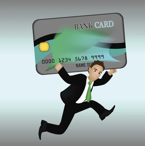 Hombre de negocios llevando una tarjeta de crédito y corriendo . — Vector de stock