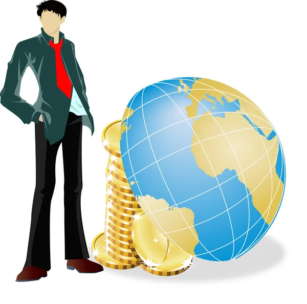 Businessman with coins and globe beside vector — Stock Vector