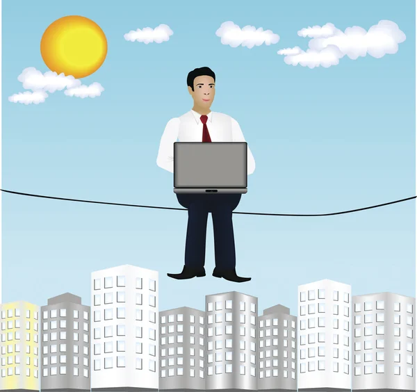 Vector of a businessman sitting on tightrope. — Stock Vector