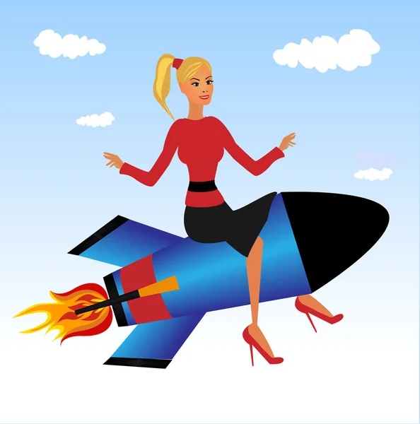 Mujer de negocios volando en cohete vector — Vector de stock