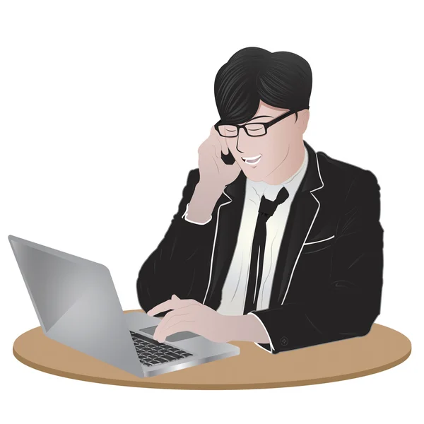 Vector image of businessman using laptop and talking on cellphone — Stock Vector