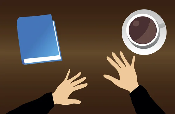 Обрезанный образ руки бизнесмена с кофе и книгой на столе . — стоковый вектор