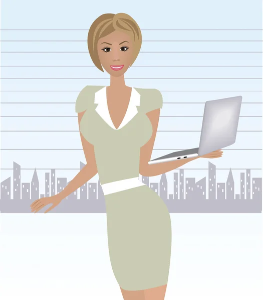 Clipart illustration de souriante femme d'affaires avec un ordinateur portable — Image vectorielle