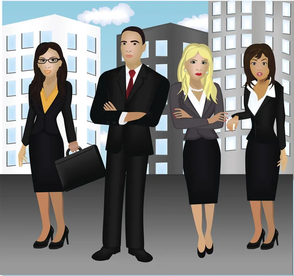 Imagen vectorial de gente de negocios con edificios en el fondo . — Vector de stock