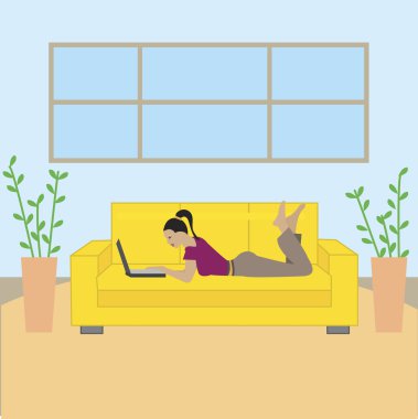 iş kadını evde iken bir vektör görüntü dizüstü bilgisayarda çalışma