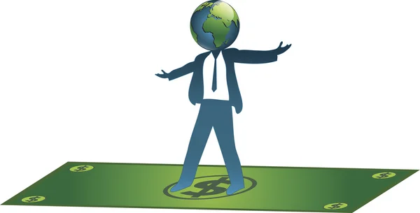 Businessman standing on dollar note while planet earth as his head. — Stock Vector