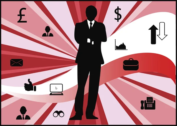 Vector afbeelding van een zakenman omringd met diverse pictogrammen. — Stockvector