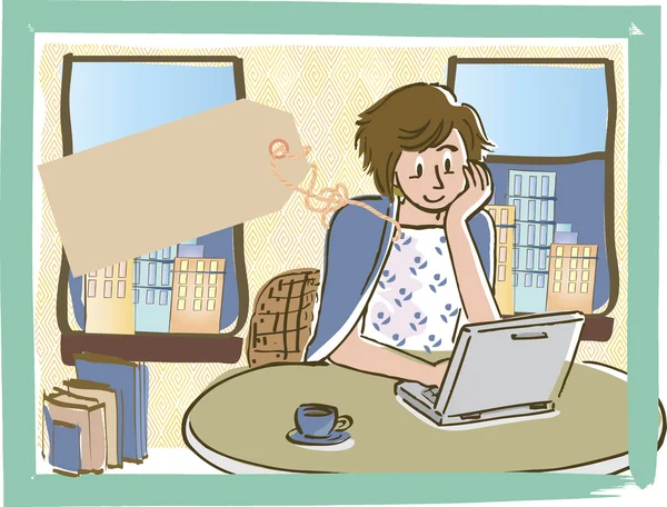 女人用标记绑和笔记本电脑上工作的剪辑艺术插图 — 图库矢量图片