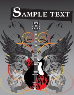 bir elektro gitar kafatasları ve kanatları ile çevrili alev desenli vektör görüntü.