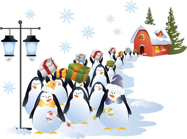 Vektor kép pingvinek és ajándék doboz. — Stock Vector