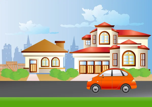 Car on road with house in background. — Stock Vector