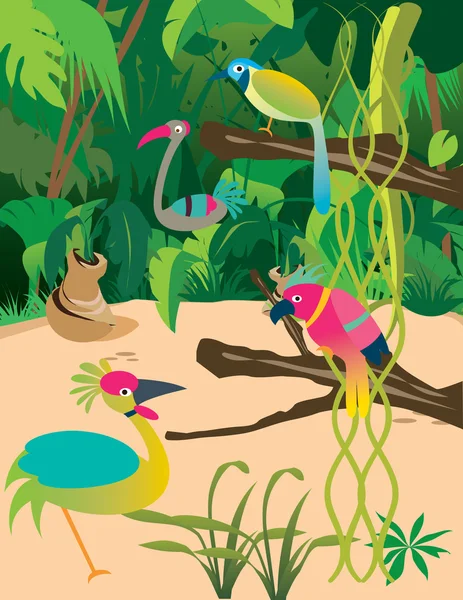Vektorbild av fåglar i djungeln. — Stock vektor