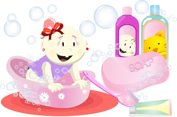 Digital image of a baby girl bathing. — Stock Vector