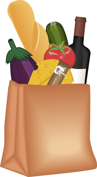 Vector de verduras y botella de vino en bolsa de comestibles — Vector de stock