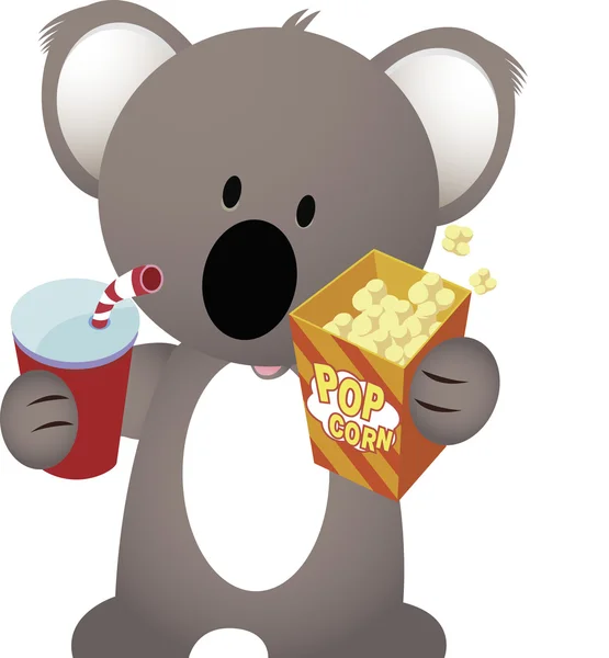 Imagen vectorial de koala con maíz pop y refresco . — Vector de stock