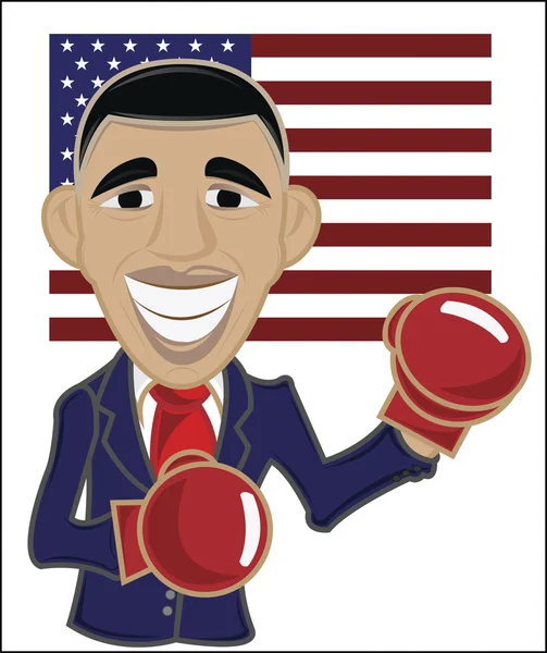 Vector of barrack obama in boxing gloves over american flag — Stock Vector