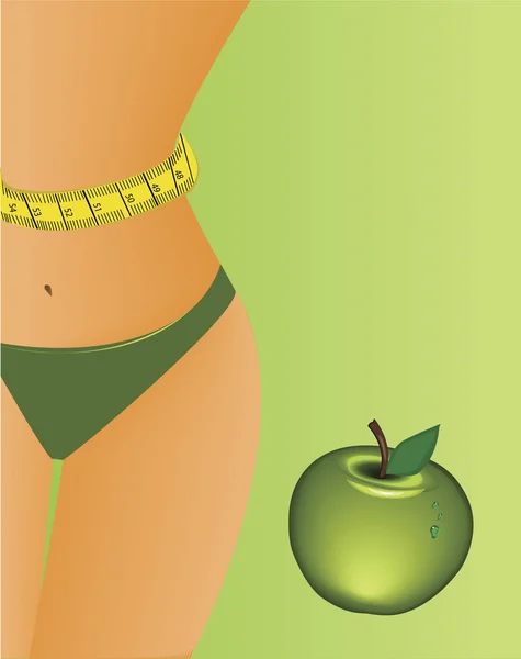 Ilustración de la mujer con cinta métrica y manzana — Vector de stock