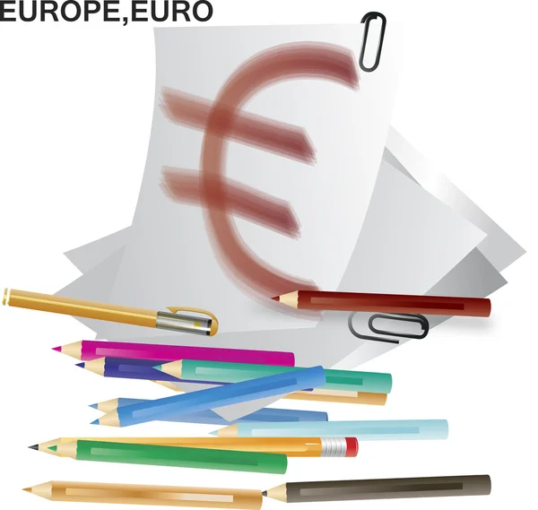 Vector image of color pencils with euro sign on note — Stock Vector