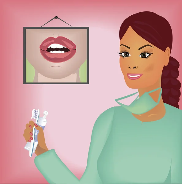 Dentista femenina con pasta de dientes y cepillo de dientes . — Vector de stock