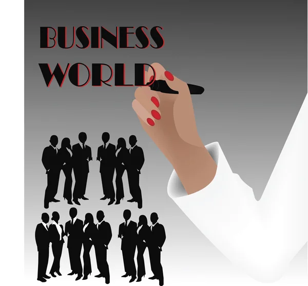 businesswoman writing business world while group of business people standing below.