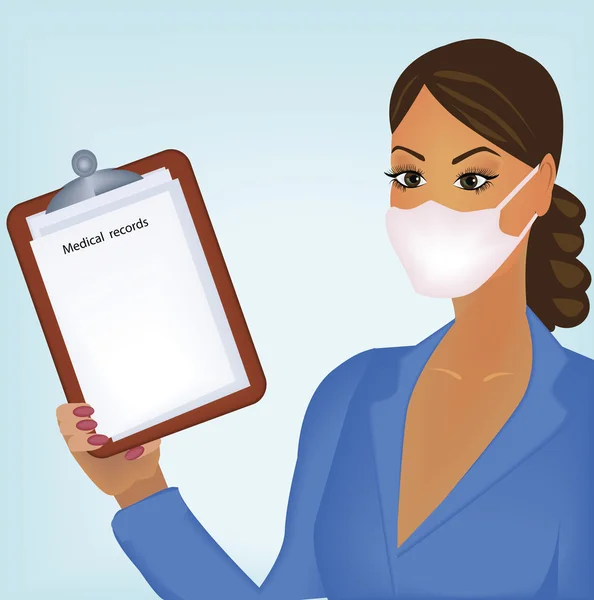 Imagem vetorial de médica vestindo máscara e segurando um registro médico . Gráficos De Vetores