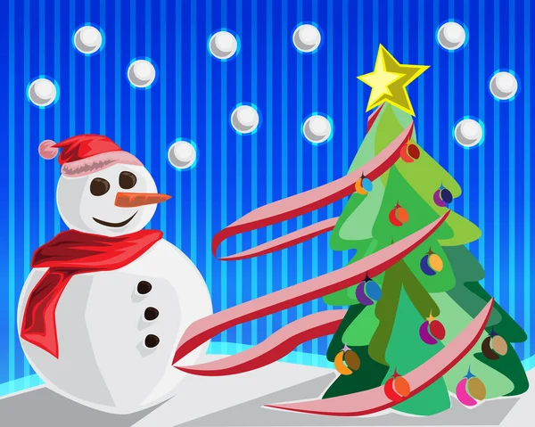 Christmas background with snowman and christmas tree vector — Stock Vector