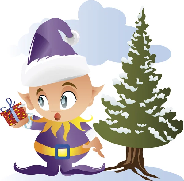 Santa elfo segurando vetor de presente — Vetor de Stock